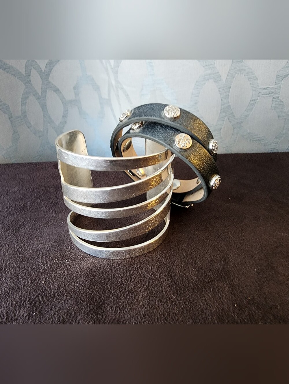 Rustic Cuff Silver Multi-Strap Bangle & Black Leather Double Wrap Bracelet Set